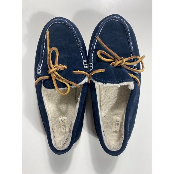 Lands’ End Kids Navy Suede Moccasin Slippers Size 2 - Picture 1 of 6